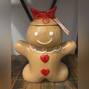 Peppermint & Pine Gingerbread Girl Canister Cookie Jar with Red Bow Viral NEW